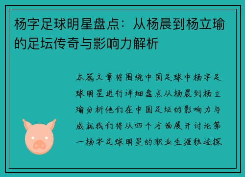 杨字足球明星盘点：从杨晨到杨立瑜的足坛传奇与影响力解析