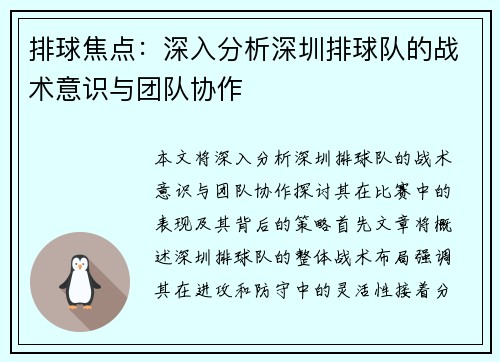 排球焦点：深入分析深圳排球队的战术意识与团队协作