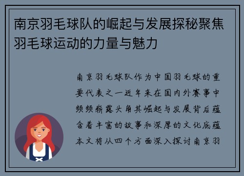 南京羽毛球队的崛起与发展探秘聚焦羽毛球运动的力量与魅力